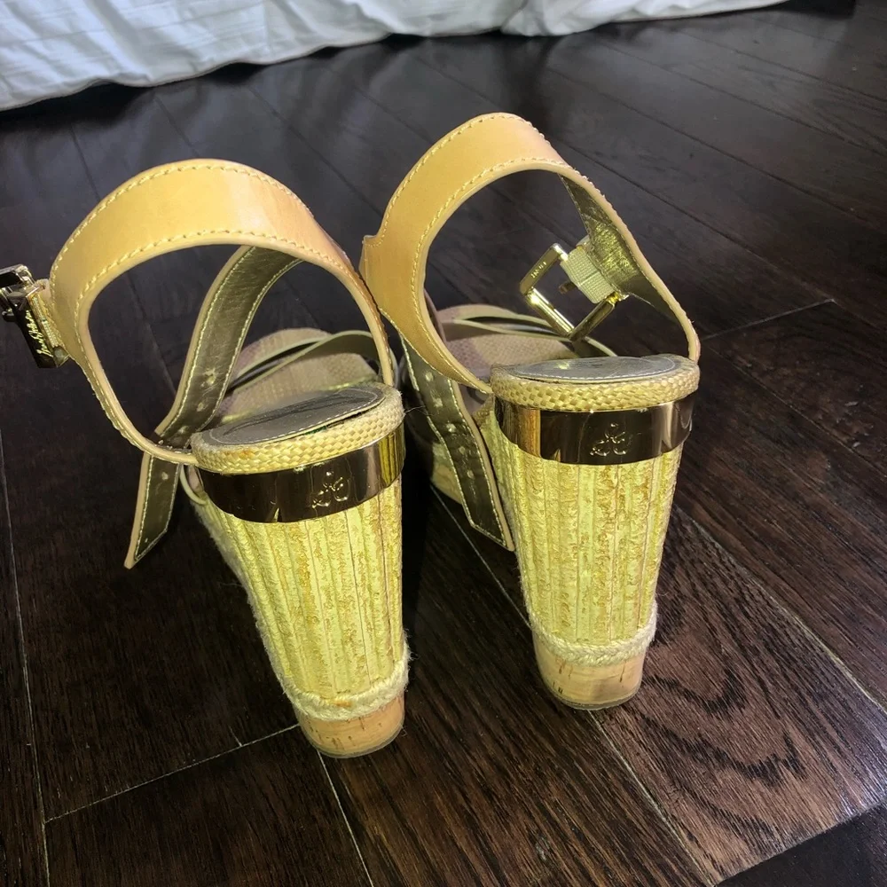 Sam Edelman Gold Metallic and Tan Espadrille Wedge Sandals